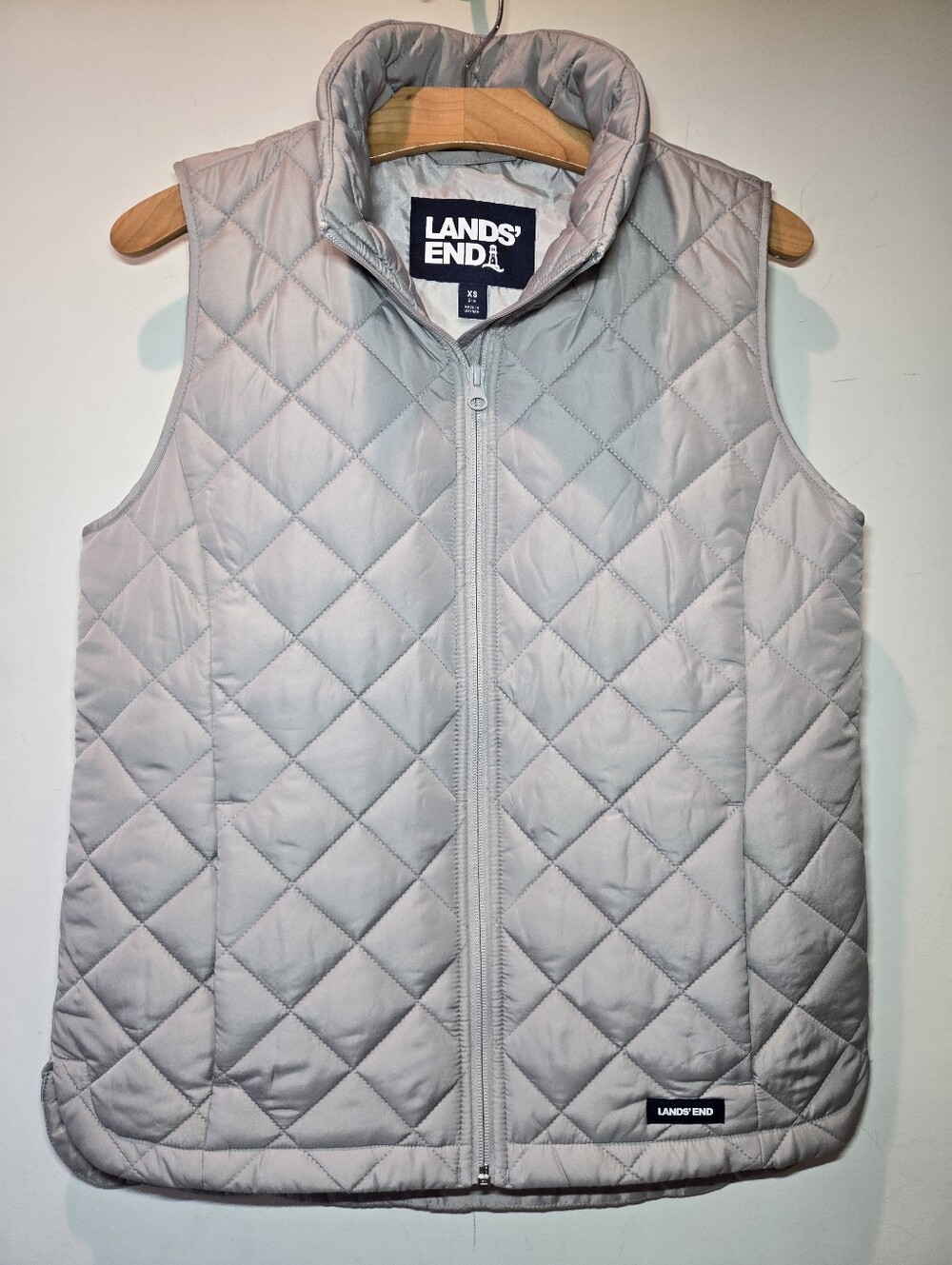 Lands' End Quilted Puffer Vest Women's XS Gray Pockets Full Zip Outdoor
